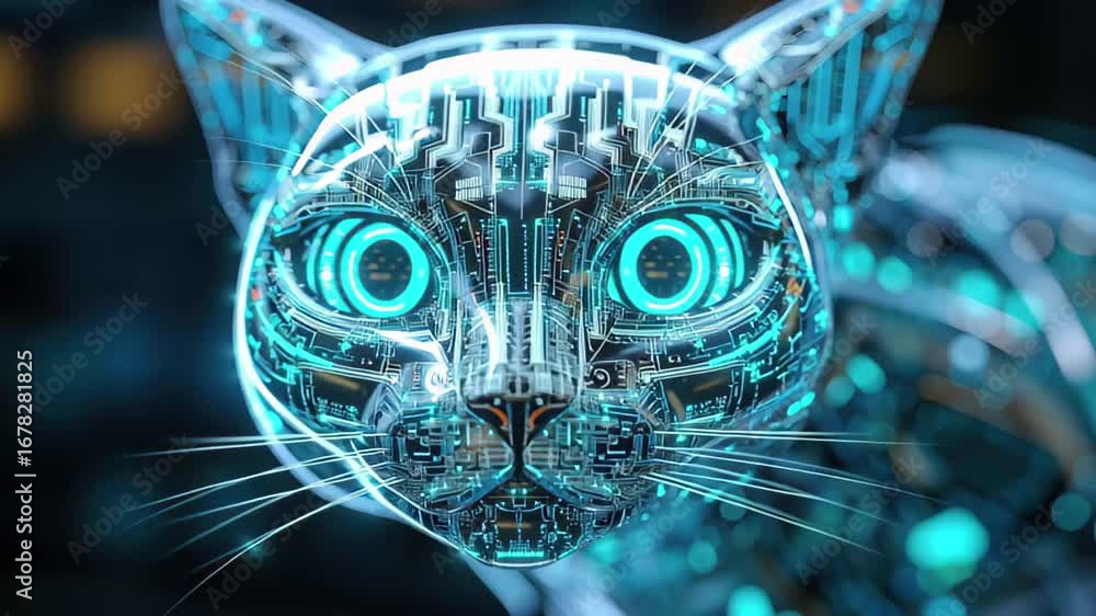 Poster futuristic transparent cat with glowing circuitry details captured in digital art context showcasing