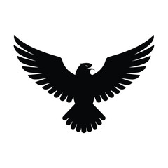 Obraz premium A majestic eagle is depicted as a sharp black silhouette in a clean, flat 2D vector illustration, boldly isolated on a pure white background.