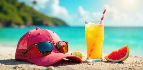 Obraz premium A vibrant summer scene featuring a stylish baseball cap, sunglasses, and a refreshing beverage, perfect for a hot day , baseball cap, cool, fashion