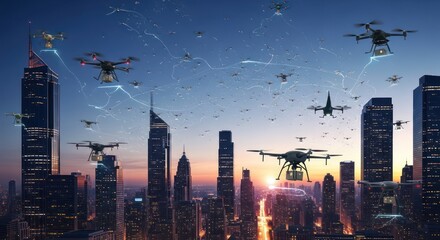 Drone Delivery Swarm Over Illuminated Cityscape at Dusk