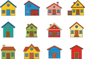 Colorful cartoon houses, cute village homes, playful house icons, vector illustration, flat design, children's house, home collection, bright colors, simple architecture, kids' drawings, residential b