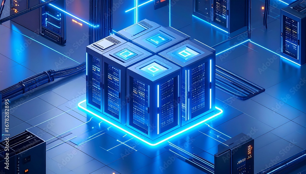 Poster futuristic data center: glowing blue servers and interconnected network architecture