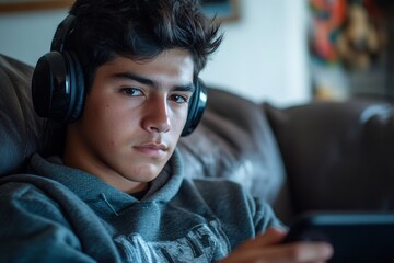 young Hispanic man playing online games on a tablet at home, sitting on the couch with headphones, demonstrating relaxation and enjoyment of a personal moment, Generative AI