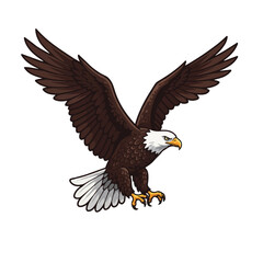 Obraz premium A majestic bald eagle in a clean, flat 2D vector illustration, soaring with its wings spread against a pure white background, embodying freedom and strength.