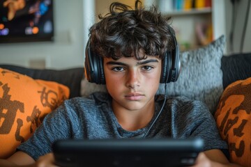 young Hispanic man playing online games on a tablet at home, sitting on the couch with headphones, demonstrating relaxation and enjoyment of a personal moment, Generative AI