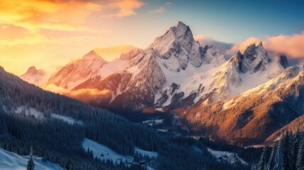 mountains, snowy peaks, dramatic sky, sunset, clouds, valley, trees, winter landscape, scenic, majestic, epic, cinematic, mist, atmospheric, breathtaking, stunning, digital art, photorealistic
