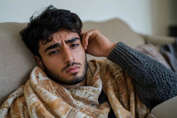 young Muslim man  on the couch at home, sick and holding his  with his hand, suffering from pain, nausea, or discomfort, reflecting a moment of physical distress, Generative AI