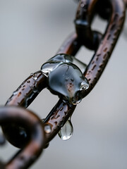 Closeup of wet chain with water drops