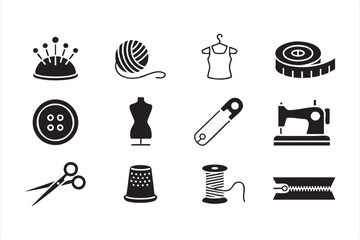 Sewing machine and dressmaking tools icons collection in black silhouette style