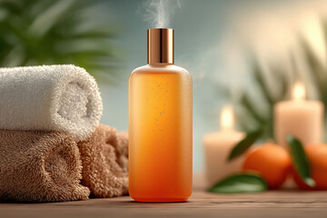 Relaxing bath scene with cosmetic bottle and towels