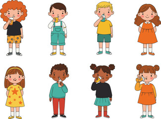 Cartoon group of diverse children drinking juice, healthy lifestyle, kids enjoying beverages, nutrition concept, happy students, isolated illustration