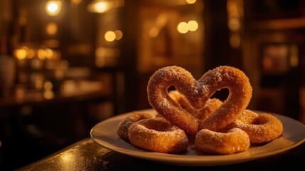Heart-Shaped Donut Dessert with Sugary Coating in Warm Ambiance