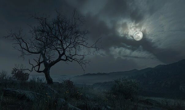 Spooky Night Landscape With Bare Tree Silhouetted Against Full Moon and Dark Clouds