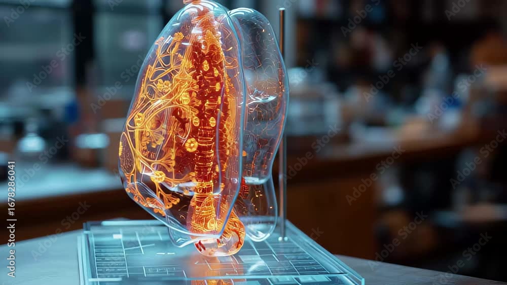 Poster visualization of transparent lungs showcasing detailed respiratory anatomy and structures in a labor