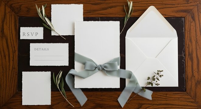 Elegant wedding invitation suite with sage ribbon and olive branches on wood