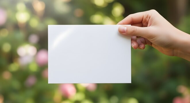 Elegant hand holding blank card against soft focus garden backdrop, perfect for announcements or messages