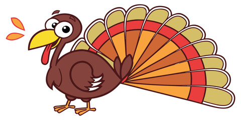Joyful cartoon turkey with vibrant fanned tail feathers, perfect for autumn celebrations and Thanksgiving designs.