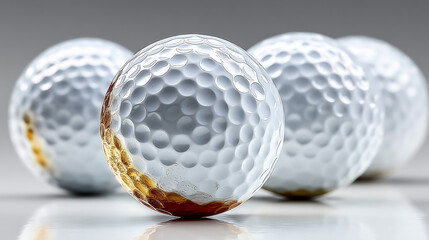 Neatly arranged golf balls on white surface, clean reflections and product-style presentation.
