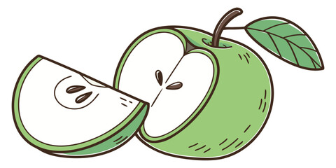 Vibrant green apple slice and whole fruit with leaf, perfect for healthy eating, nutrition, and fresh produce marketing.