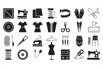 Sewing craft icons set with buttons, thread spools, and fashion design tools