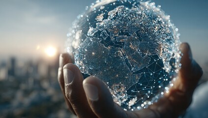 A hand holds a digital globe, overlaid with interconnected network lines, against a backdrop of a city skyline and a sunlit sky