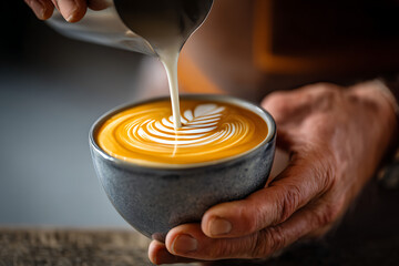 Barista creates beautiful latte art in a coffee cup with steamed milk