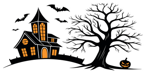 Spooky haunted house with bats flying around a gnarled tree and a glowing jack-o'-lantern for Halloween