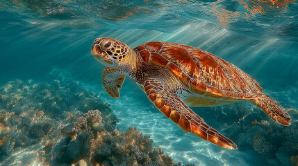 Green sea turtle gliding through clear ocean waters, surrounded by dappled sunlight and coral.