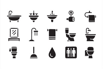 Bathtub and toilet icons pack with faucet water and bathroom utility graphics