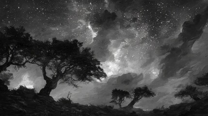 A grayscale landscape of trees and mountains under a starry night sky.