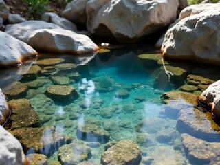 Crystal-Clear Spring Emerging from Rocks in water