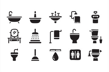 Bathroom icons vector set with bathtub sink toilet and shower symbols