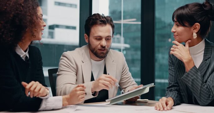 Business people, tablet and meeting with documents in office for PR strategy, press release or ideas. Communication specialist, team and digital app for brand management, public relations or planning
