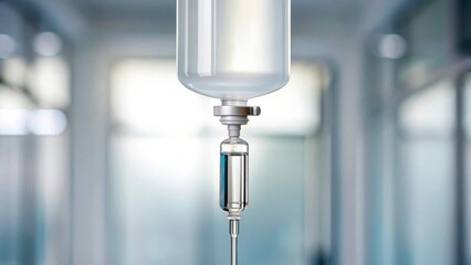 Medical infusion setup with clear IV bag and vial in a clinical environment