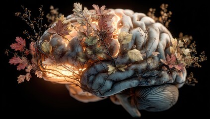 A 3D rendered human brain, adorned with autumnal leaves and twigs, bathed in warm light