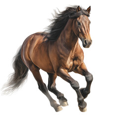 Obraz premium Powerful brown horse galloping freely in an open field, showcasing its strength and grace during the day. PNG image, transparent background