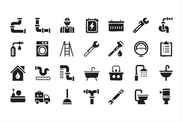 Household plumbing icon pack with toilet wrench water drop and contractor
