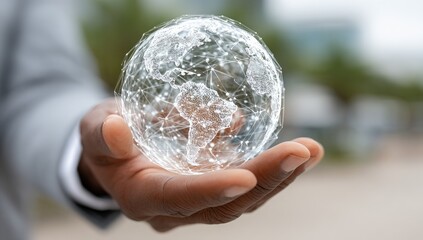 A person's hand holds a holographic representation of Earth, detailed with network connections