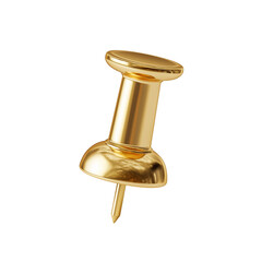 Golden push pin resting upright on a surface, showcasing its shiny finish and structural design in a simple setting. PNG image, transparent background