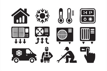 Air conditioning repair icons pack with technician van and household units