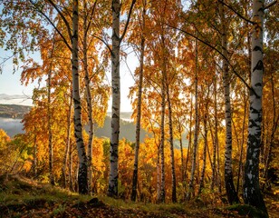Fototapeta premium Autumn forest bathed in sunlight