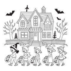Outline Drawing of Children Trick-or- Treating in Front of a Haunted House with Bats halloween