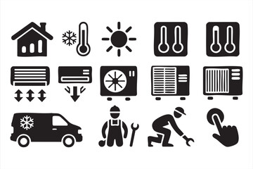 HVAC service icon pack with air conditioning units thermostat and technician