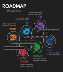 6 steps process progress or timeline, road infografic vector template