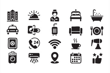 Hotel and hospitality icons vector set with building bed and service symbols