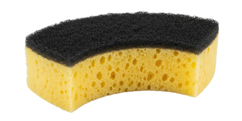 Yellow cleaning sponge with black scrubbing pad
