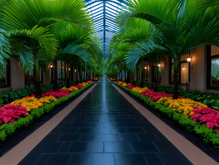Fototapeta premium Vibrant Garden Walkway With Colorful Flowers and Palm Trees in a Tranquil Environment During Early Evening Hours