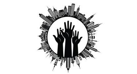 Silhouette of raised hands within a circular cityscape