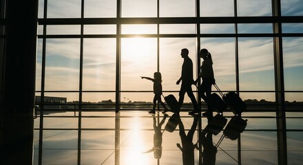 Family at airport travelling with young child and luggage walking to departure gate, girl pointing at airplanes through window, silhouette of people, 