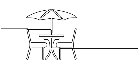 Garden chairs and table in continuous line art drawing style. Simple continuous line art. Classic style dining room furniture black linear sketch isolated on white background. Vector illustration